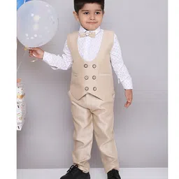 KID1 Full Sleeves Polka Dots Printed Shirt With Pant Bow & Waistcoat - Beige & White-picture-18