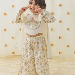 Tiber Taber Cotton Full Sleeves Floral Foil Printed Coordinating Top & Pant With Dupatta - Cream-picture-20