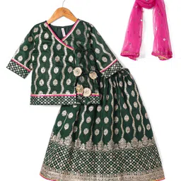 Babyhug Brocade Woven Three Fourth Sleeves Printed Choli Lehenga & Dupatta Set with Sequin Detailing - Dark Green-picture-13