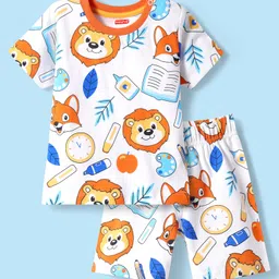 Babyhug Cotton Knit Half Sleeves Shorts Co-ords Night Suit With Animal Print - White & Blue-picture-10