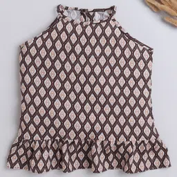 The Magic Wand Rayon Sleeveless Ikat Printed & Frill Detailed Top - Brown-picture-22