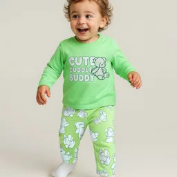 Babyoye 100% Cotton With Anti Bacterial Finish Full Sleeves Night Suit with Teddy Bear Print & Patch Detailing - Green-picture-10