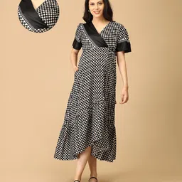 The Mom Store Cotton Half Sleeves Abstract Printed Tiered Maternity Dress With Nursing Access - Black-image-45