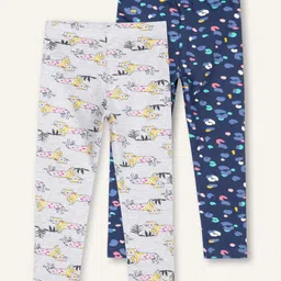 Ariel Cotton Knit Pack Of 2 Cats & Abstract Printed Leggings - Grey & Blue-picture-22