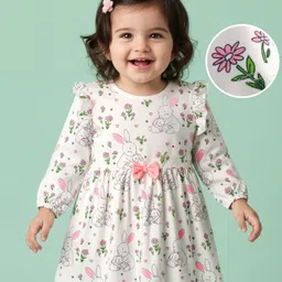 Doodle Poodle 100% Cotton Single Jersey Knit Full Sleeves Frock With Bunny & Floral Print - White-picture-15