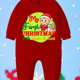 The Peppy Tend 100% Cotton Knit Christmas Theme Full Sleeves My First Christmas With Mom & Dad Text Printed Romper - Red-picture-17