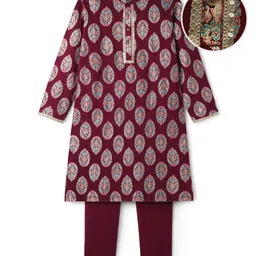 EARTHY TOUCH Single Jersey Knit Full Sleeves Kurta Pajama Set with Motif Glitter Print & Lace Detailing - Maroon image 2