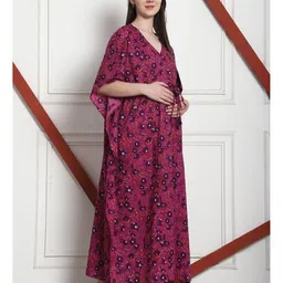 Secret Wish Cotton Woven Half Batwing Sleeves Floral Printed Maternity Nighty With Side Seam Nursing Access - Purple image 4