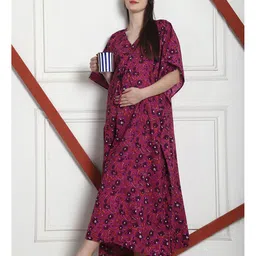 Secret Wish Cotton Woven Half Batwing Sleeves Floral Printed Maternity Nighty With Side Seam Nursing Access - Purple image 5