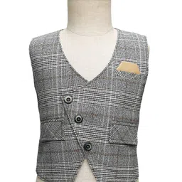 Rikidoos Full Sleeves Checked 3 Piece Party Suit Set With Bow - Grey & Khaki image 4