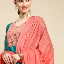 Sangria Women Teal Ethnic Motifs Embroidered Thread Work Kurta with Trousers & With Dupatta-picture-24