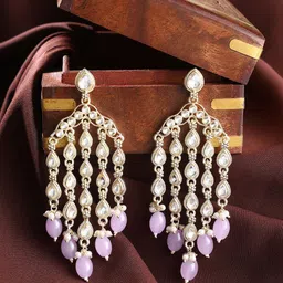 Priyaasi Gold-Plated Kundan Stone Studded & Pearls Beaded Tasselled Drop Earrings-picture-29