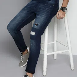 The Indian Garage Co Men Blue Slim Fit Low Distress Light Fade Stretchable Jeans-picture-32