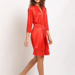 ELEVANTO Women Red Solid Bath Robe With Belt image 2