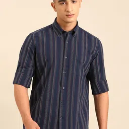 CAVALLO by Linen Club Santorini Striped Button-Down Collar Slim Fit Linen Shirt-image-88