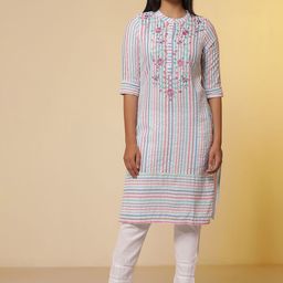 AURELIA Striped Floral Embroidered Mandarin Collar Kurta With Trouser-picture-19