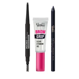 GLAM21 Set Of 3 Eyebrow Pencil Brown, Brow Grip Eyebrow Gel & Kohl Drama Kajal Black-picture-33