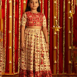 Vastramay Half Sleeves Patola Block Motif Printed Ready To Wear Coordinating Lehenga & Choli Set - Red & Cream-picture-28