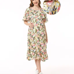 Bella Mama Woven Half Sleeve Maternity Dress With Pocket Floral Print - Yellow-image-85