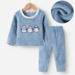 Kookie Kids Full Sleeves Winter Wear Night Suit with Animal Embroidery - Blue image 1