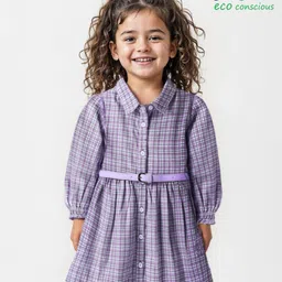 Babyoye Cotton Woven Full Peasant Sleeves Checkered Shirt Dress - Lilac-image-34