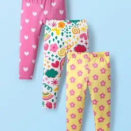 Babyhug Cotton Knit Full Length Leggings with Heart & Floral Print Pack Of 3 - Pink & Yellow-picture-26