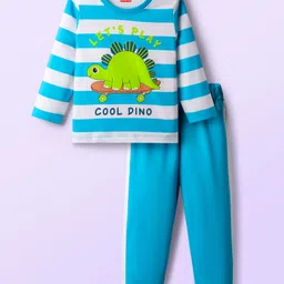 Babyhug Cotton Knit Full Sleeves Striped Night Suit With Dino Print - Blue & White-picture-15