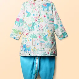 Babyhug Woven Full Sleeves Textured Kurta & Dhoti Set With Floral & Animal Print - White & Light Blue-picture-16