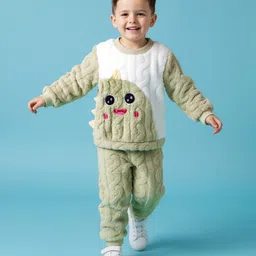 Mark & Mia Full Sleeves Winter Wear Night Suit with Dino Print & Applique - Light Green & White-picture-26
