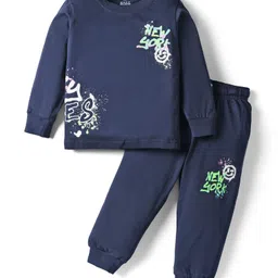 Smarty Boys Sinker Knit Full Sleeves T-Shirt & Lounge Pant Set With Text Print - Navy Blue-picture-31