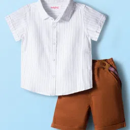 Babyhug Cotton Woven Half Sleeves Striped Shirt & Shorts Set with Suspender - White & Brown-picture-26