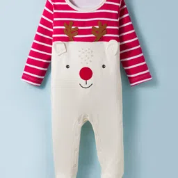 Babyhug Cotton Knit Full Sleeves Footed Sleepsuit Reindeer Embroidery - Red & White-picture-26