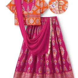 EARTHY TOUCH Single Jersey Knit Half Sleeves Choli Lehenga & Dupatta Set With Floral Foil Print - Pink-picture-35