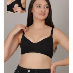 Fabme Cotton Knit Solid Non Padded Seamless Maternity Bra With Side Open Nursing Access - Black image 1