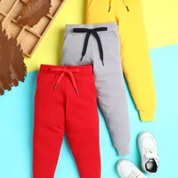 Knitting Doodles Terry Knit Pack Of 3 Solid Track Pants - Yellow Grey & Cherry Red-picture-13