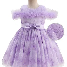 Mark & Mia Woven Off Shoulder Sleeves Floral Printed Party Dress with Bow Applique - Lavender image 2