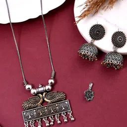 NAMAN ARTS Silver Plated Oxidised Peacock Design Textured Jewellery Set-picture-40