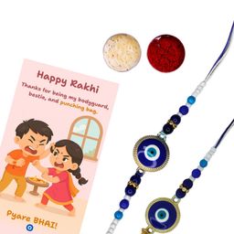House of Pataudi Set Of 3 Evil Eye Bhaiya Bhabhi Rakhi With Roli Chawal & Greeting Card-picture-21