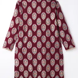 EARTHY TOUCH Single Jersey Knit Full Sleeves Kurta Pajama Set with Motif Glitter Print & Lace Detailing - Maroon image 4