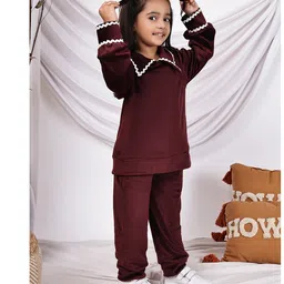 NEUDIS Velvet Knit Full Sleeves Lace Detailed Top & Trouser Set - Wine image 5