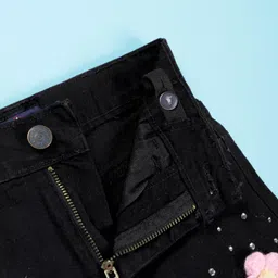 Kiddopanti Denim Woven Floral Applique Detailed & Rhinestones Embellished Shorts - Black image 5