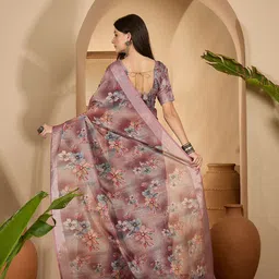 Sangria Floral Digital Printed Zari Border Saree With Belt & Unstitched Blouse image 3