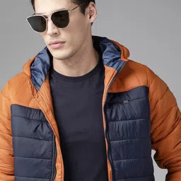 Roadster Men Navy Blue & Mustard Brown Colourblocked Padded Hooded Jacket image 1