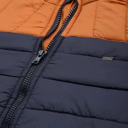 Roadster Men Navy Blue & Mustard Brown Colourblocked Padded Hooded Jacket image 5