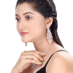 Saraf RS Jewellery White & Rose Gold-Plated AD Feather Shaped Drop Earrings image 4