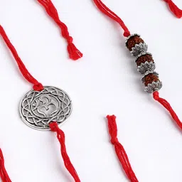 PANASH Men Set of 2 Silver-Toned OM & Rudraksha Rakhi with Roli Chawal image 3