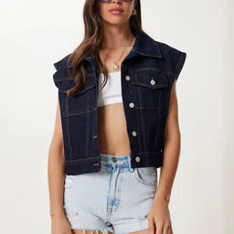 Happiness istanbul Women Solid Spread Collar Pure Cotton Denim Jacket-picture-25
