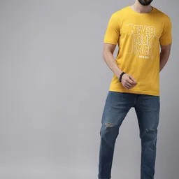 Roadster Men Mustard Yellow & White Typography Printed Pure Cotton T-shirt image 5