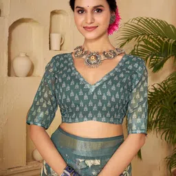 Garden Vareli Floral Block Printed Pure Linen Saree With Unstiched Blouse Piece image 3