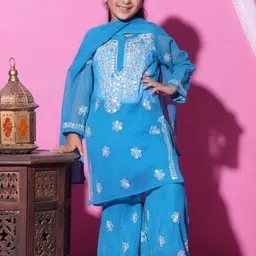 KHAKA Girls Ethnic Motifs Embroidered Kurta with Sharara & Dupatta-image-62